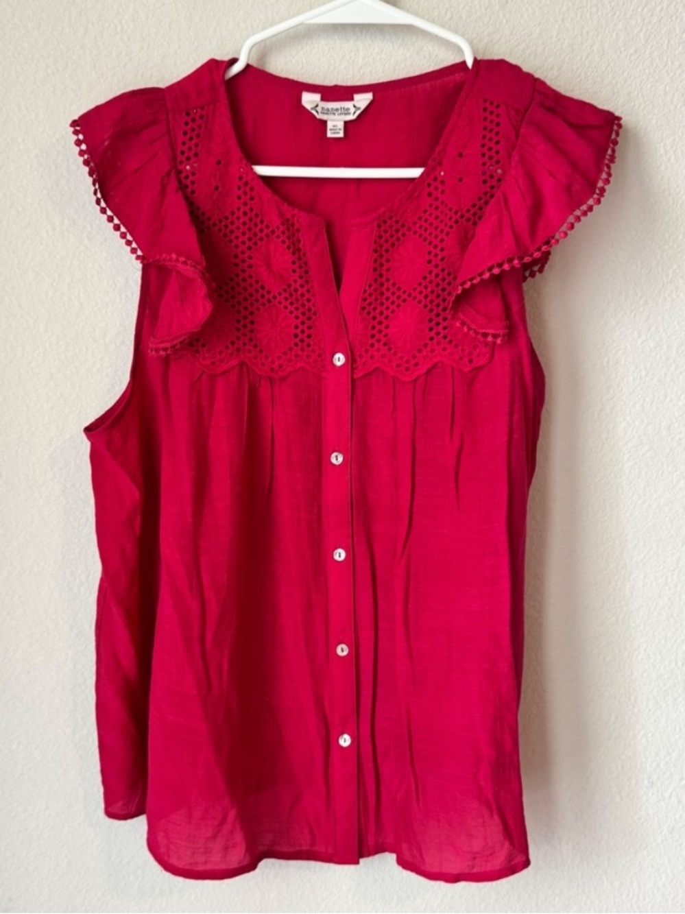 Nanette Lepore - Magenta Pink Eyelet Ruffle Sleeve Button Down Blouse - size XL